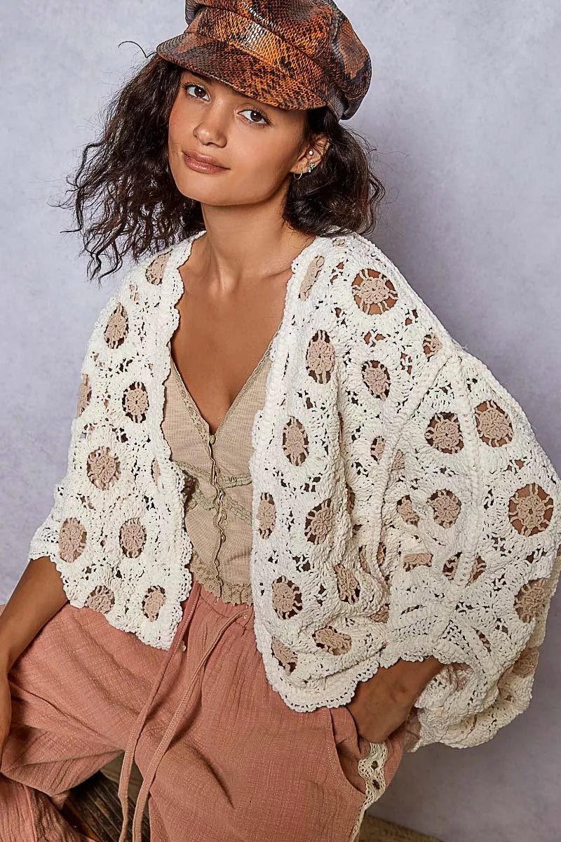 POL Openwork V - Neck Chenille Cardigan with Contrast Floral - Style Chic Couture