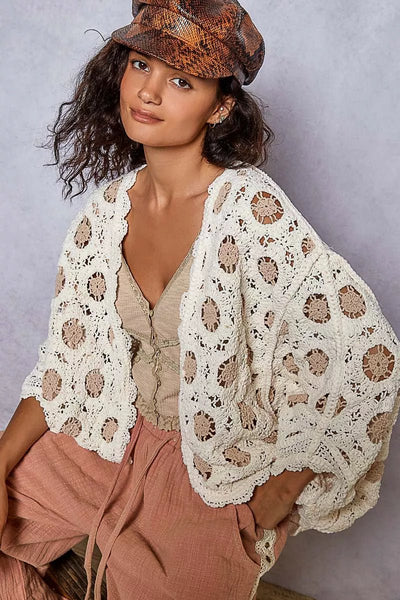 POL Openwork V - Neck Chenille Cardigan with Contrast Floral - Style Chic Couture