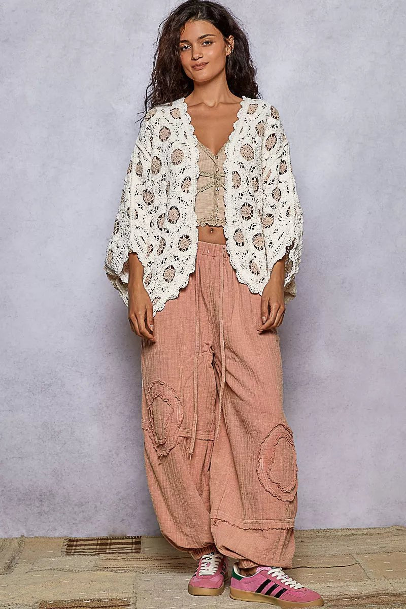 POL Openwork V - Neck Chenille Cardigan with Contrast Floral - Style Chic Couture