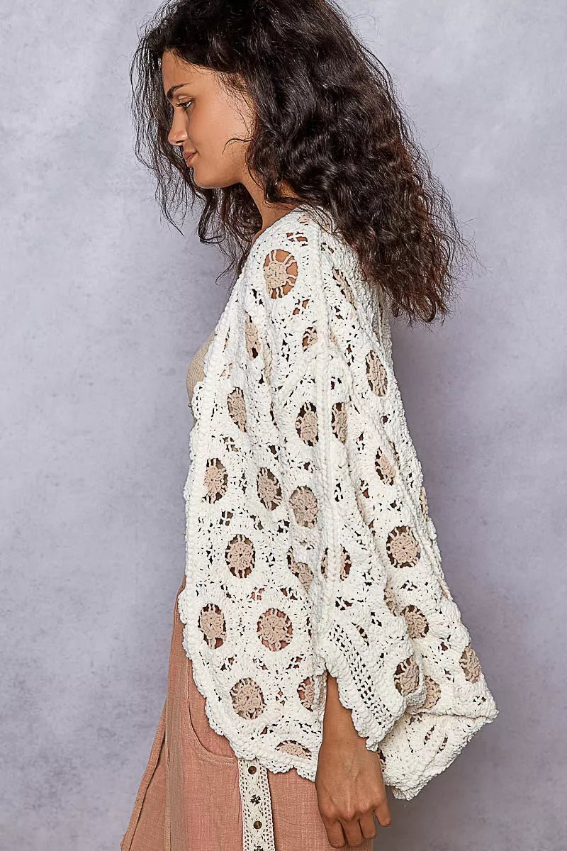 POL Openwork V - Neck Chenille Cardigan with Contrast Floral - Style Chic Couture