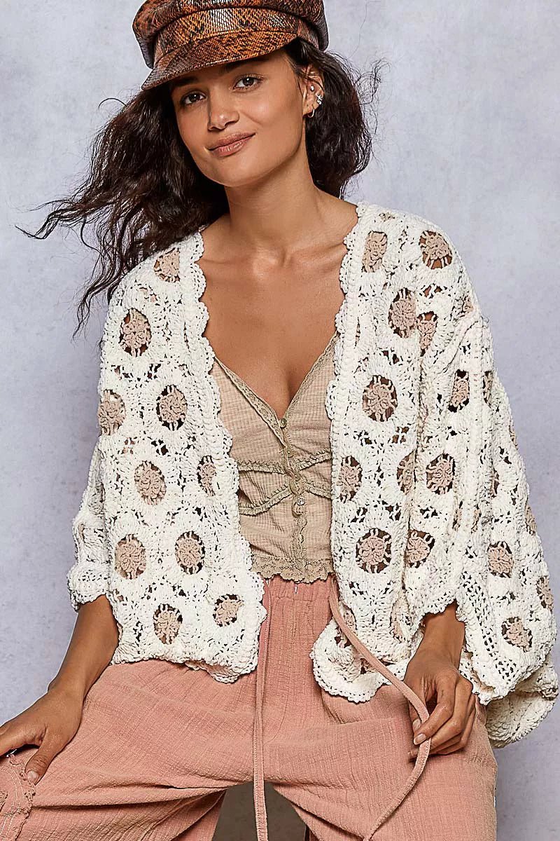 POL Openwork V - Neck Chenille Cardigan with Contrast Floral - Style Chic Couture