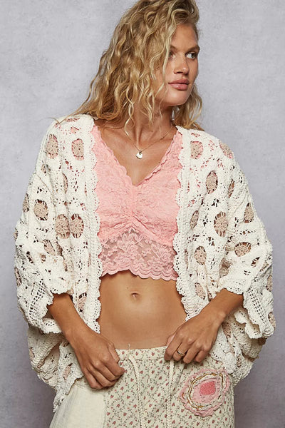 POL Openwork V - Neck Chenille Cardigan with Contrast Floral - Style Chic Couture