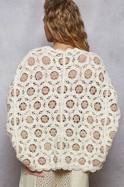 POL Openwork V - Neck Chenille Cardigan with Contrast Floral - Style Chic Couture