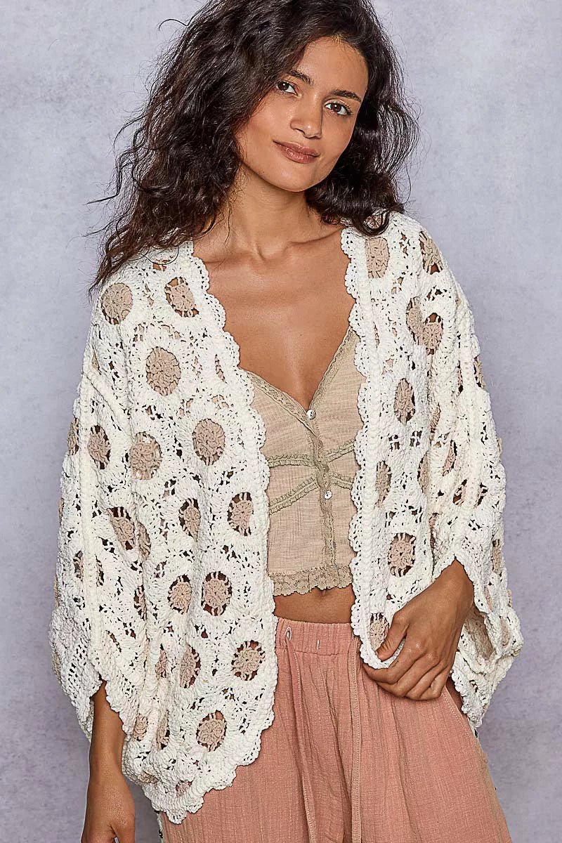 POL Openwork V - Neck Chenille Cardigan with Contrast Floral - Style Chic Couture