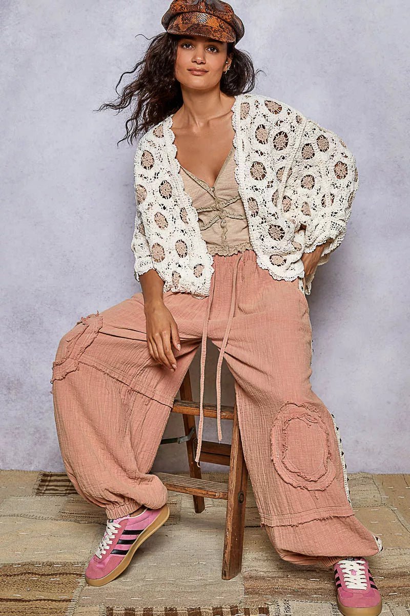 POL Openwork V - Neck Chenille Cardigan with Contrast Floral - Style Chic Couture