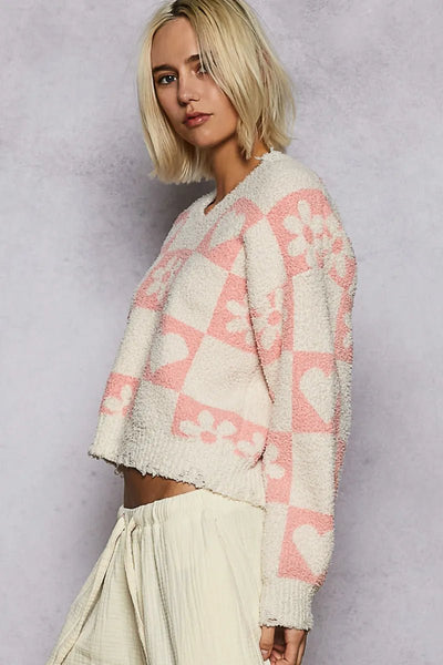 POL V - Neck Heart Pattern Checkered Sweater - Style Chic Couture