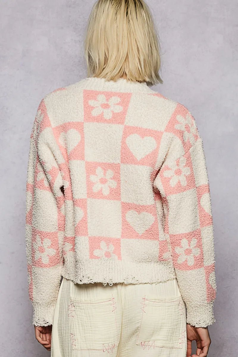 POL V - Neck Heart Pattern Checkered Sweater - Style Chic Couture