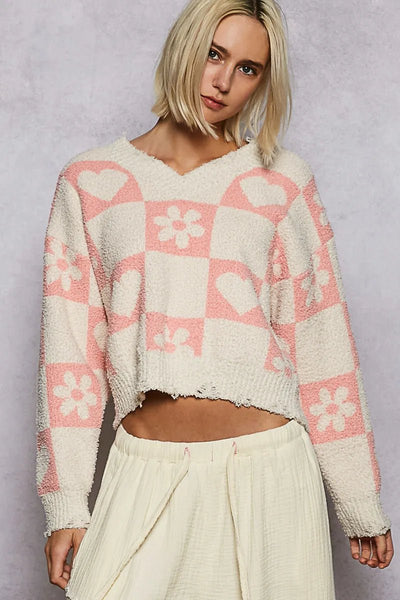 POL V - Neck Heart Pattern Checkered Sweater - Style Chic Couture