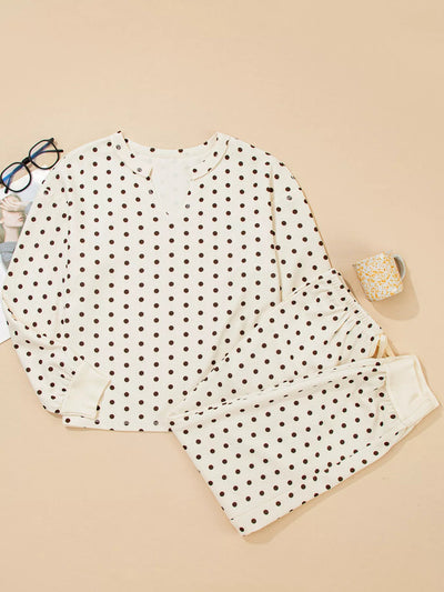 Polka Dot Lounge Set with Notched Long Sleeve Top & Joggers