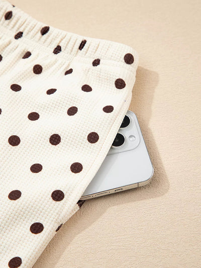 Polka Dot Lounge Set with Notched Long Sleeve Top & Joggers