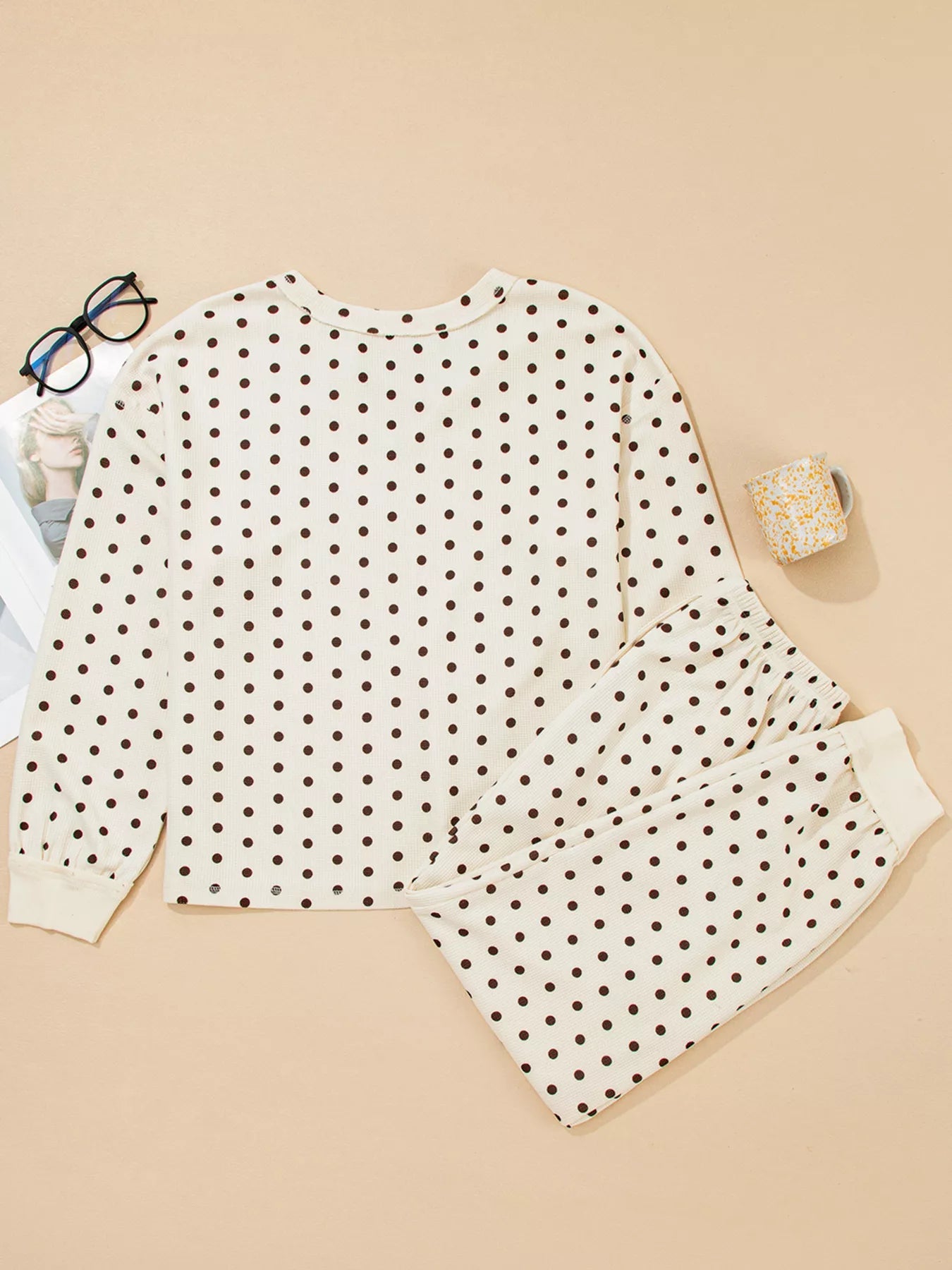 Polka Dot Lounge Set with Notched Long Sleeve Top & Joggers