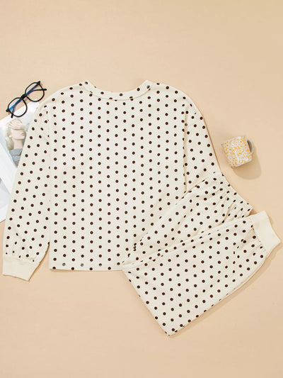 Polka Dot Lounge Set with Notched Long Sleeve Top & Joggers