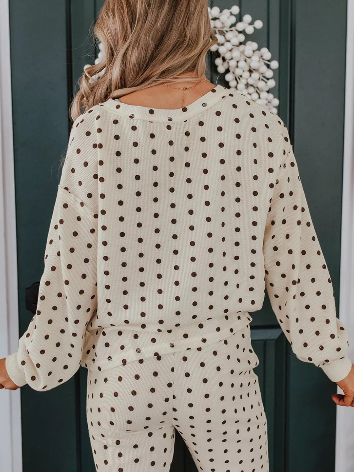 Polka Dot Lounge Set with Notched Long Sleeve Top & Joggers