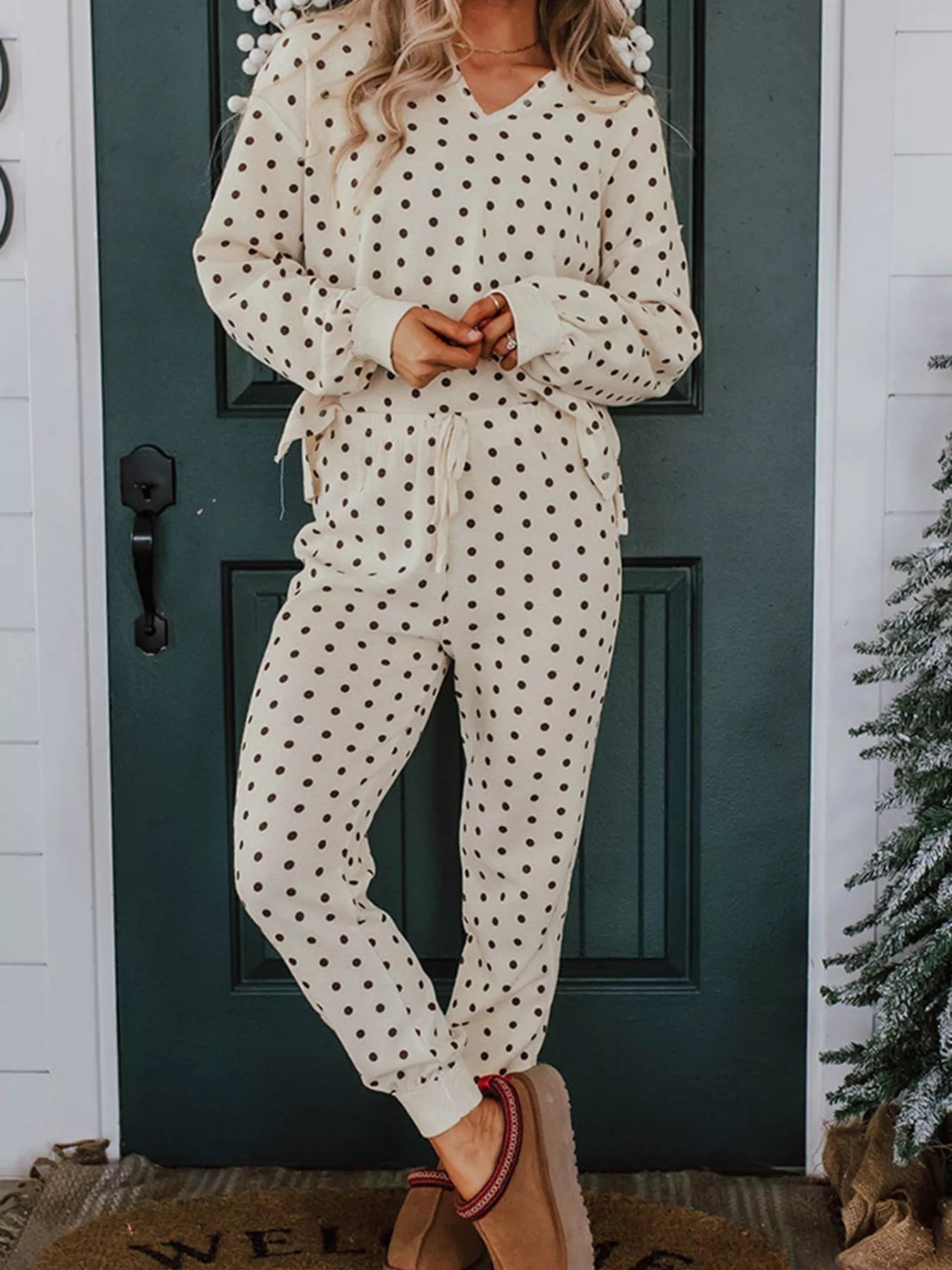 Polka Dot Lounge Set with Notched Long Sleeve Top & Joggers