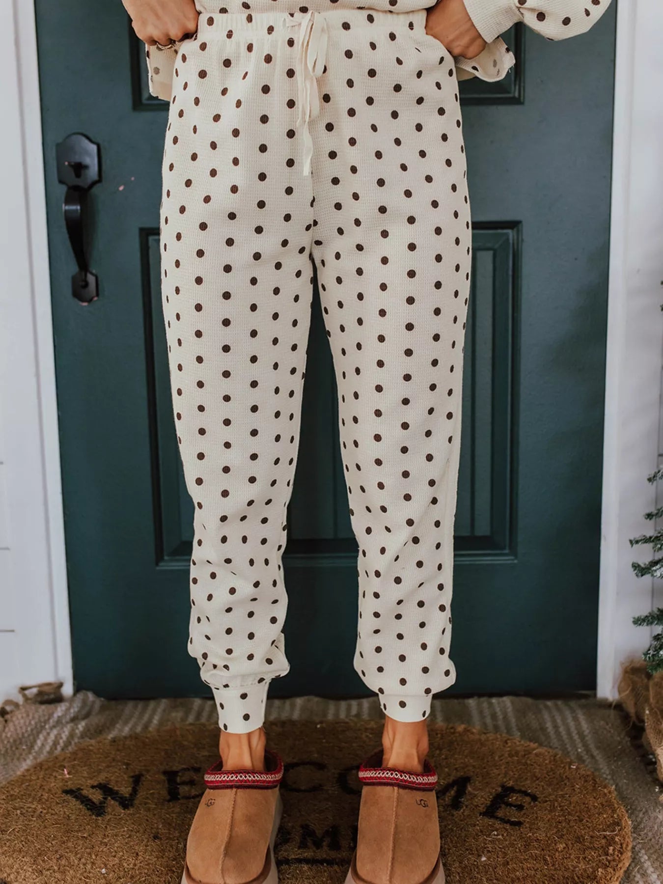 Polka Dot Lounge Set with Notched Long Sleeve Top & Joggers