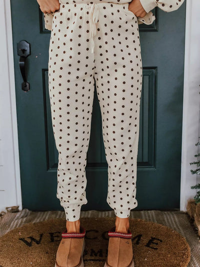 Polka Dot Lounge Set with Notched Long Sleeve Top & Joggers