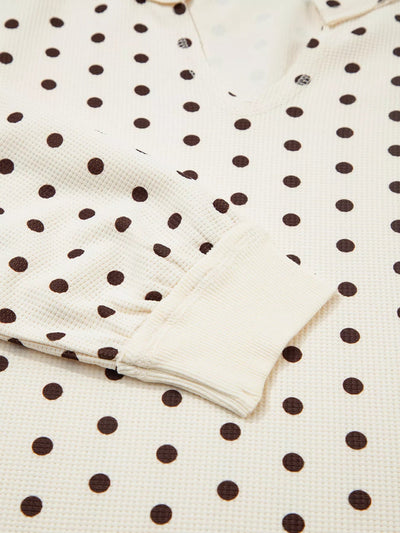 Polka Dot Lounge Set with Notched Long Sleeve Top & Joggers