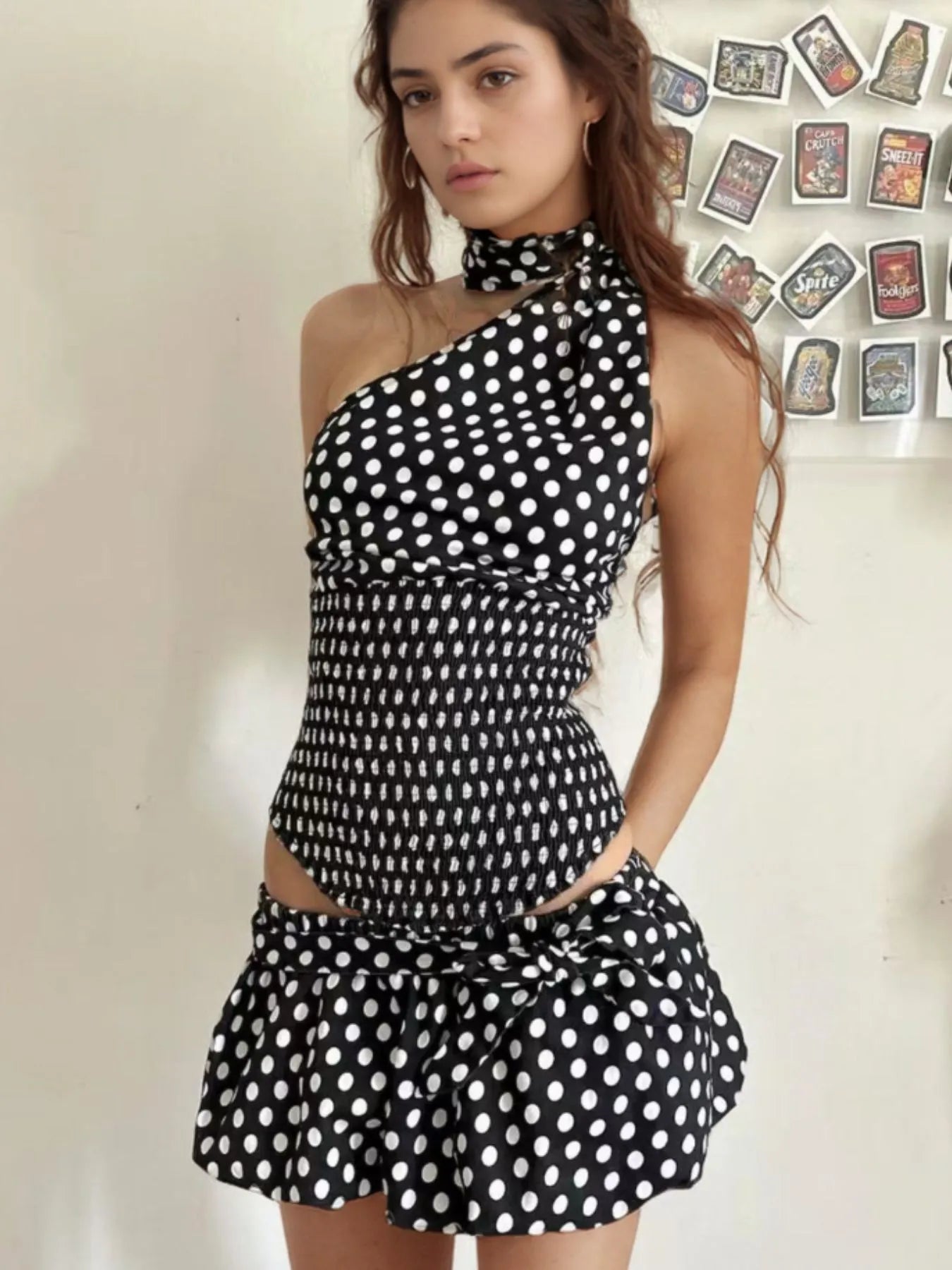 Polka Dot One - Shoulder Top and Mini Skirt Set - Style Chic Couture