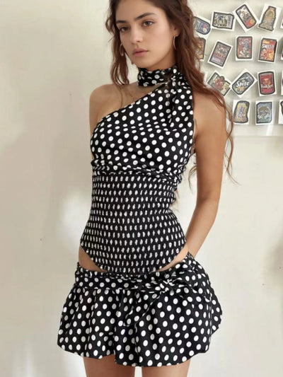 Polka Dot One - Shoulder Top and Mini Skirt Set - Style Chic Couture