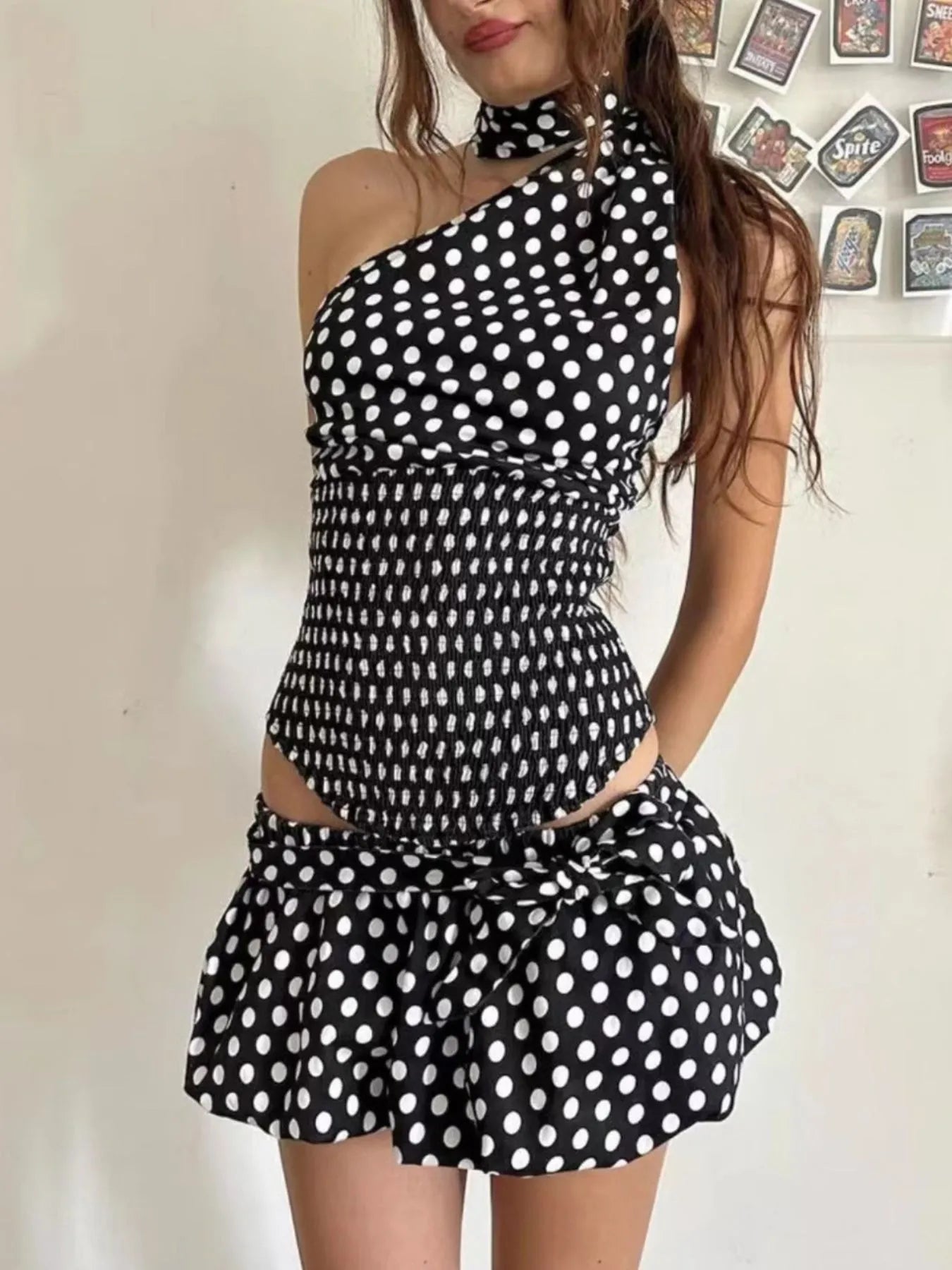 Polka Dot One - Shoulder Top and Mini Skirt Set - Style Chic Couture