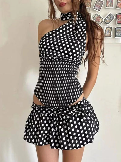 Polka Dot One - Shoulder Top and Mini Skirt Set - Style Chic Couture