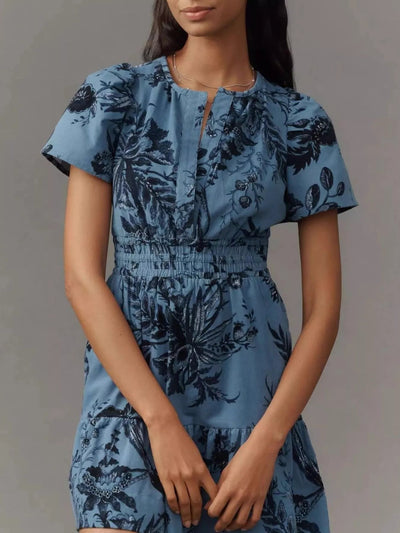 Printed Notched Short Sleeve Dress - Style Chic Couture