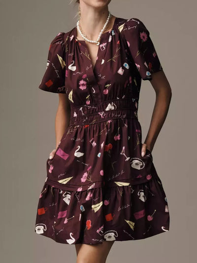 Printed Notched Short Sleeve Dress - Style Chic Couture
