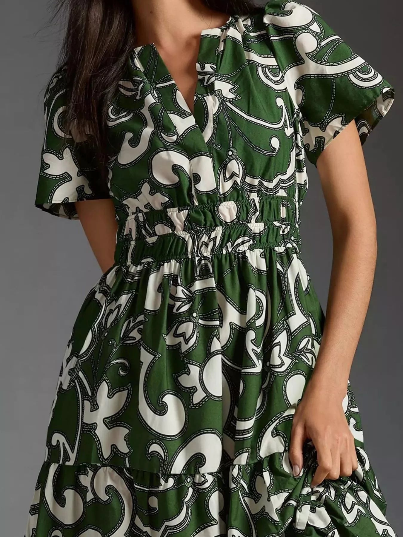 Printed Notched Short Sleeve Dress - Style Chic Couture