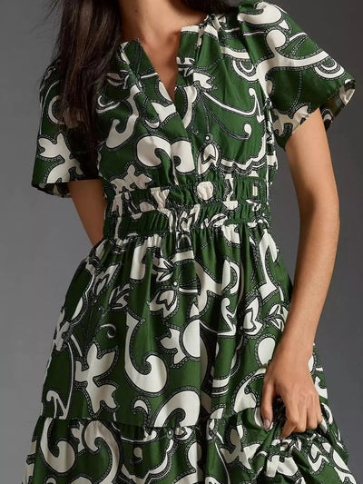 Printed Notched Short Sleeve Dress - Style Chic Couture