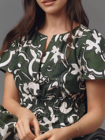 Printed Notched Short Sleeve Dress - Style Chic Couture