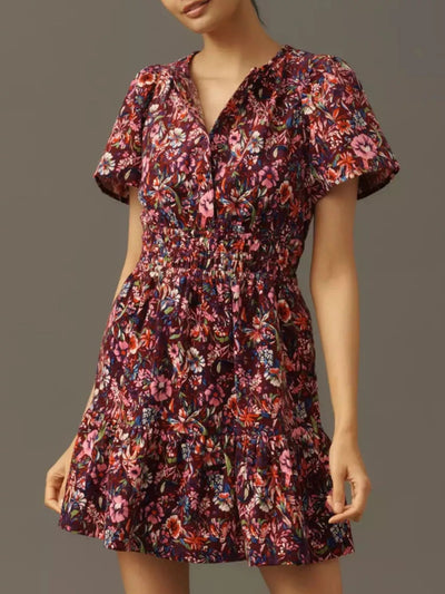 Printed Notched Short Sleeve Dress - Style Chic Couture