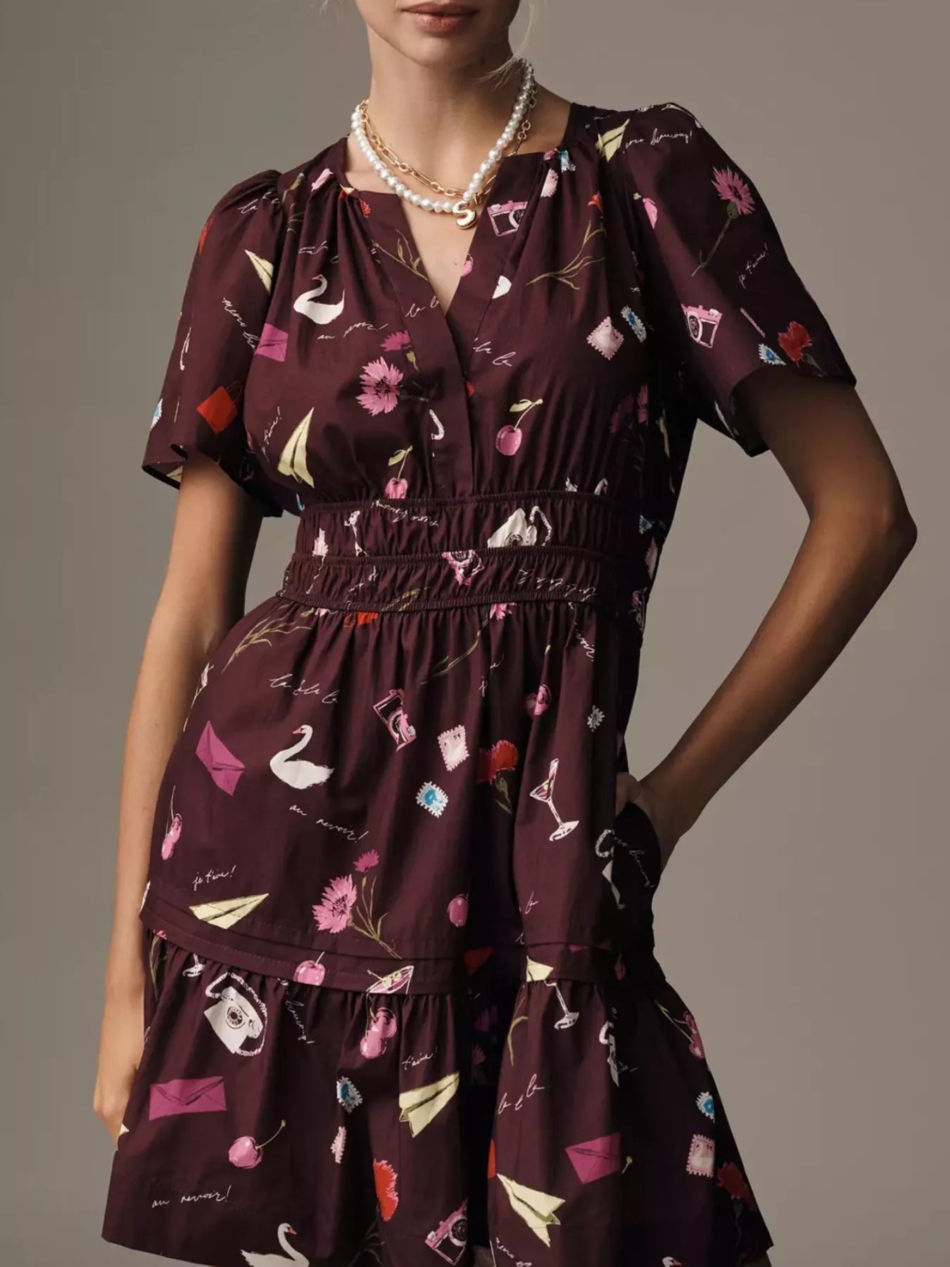Printed Notched Short Sleeve Dress - Style Chic Couture