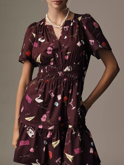 Printed Notched Short Sleeve Dress - Style Chic Couture