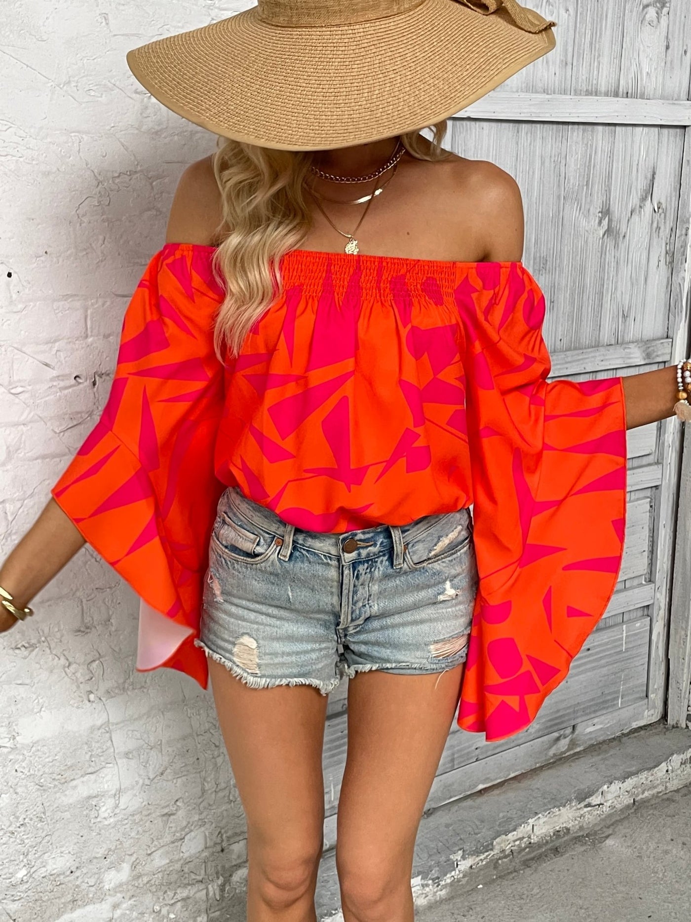 Printed Off - Shoulder Bell Sleeve Blouse - Style Chic Couture