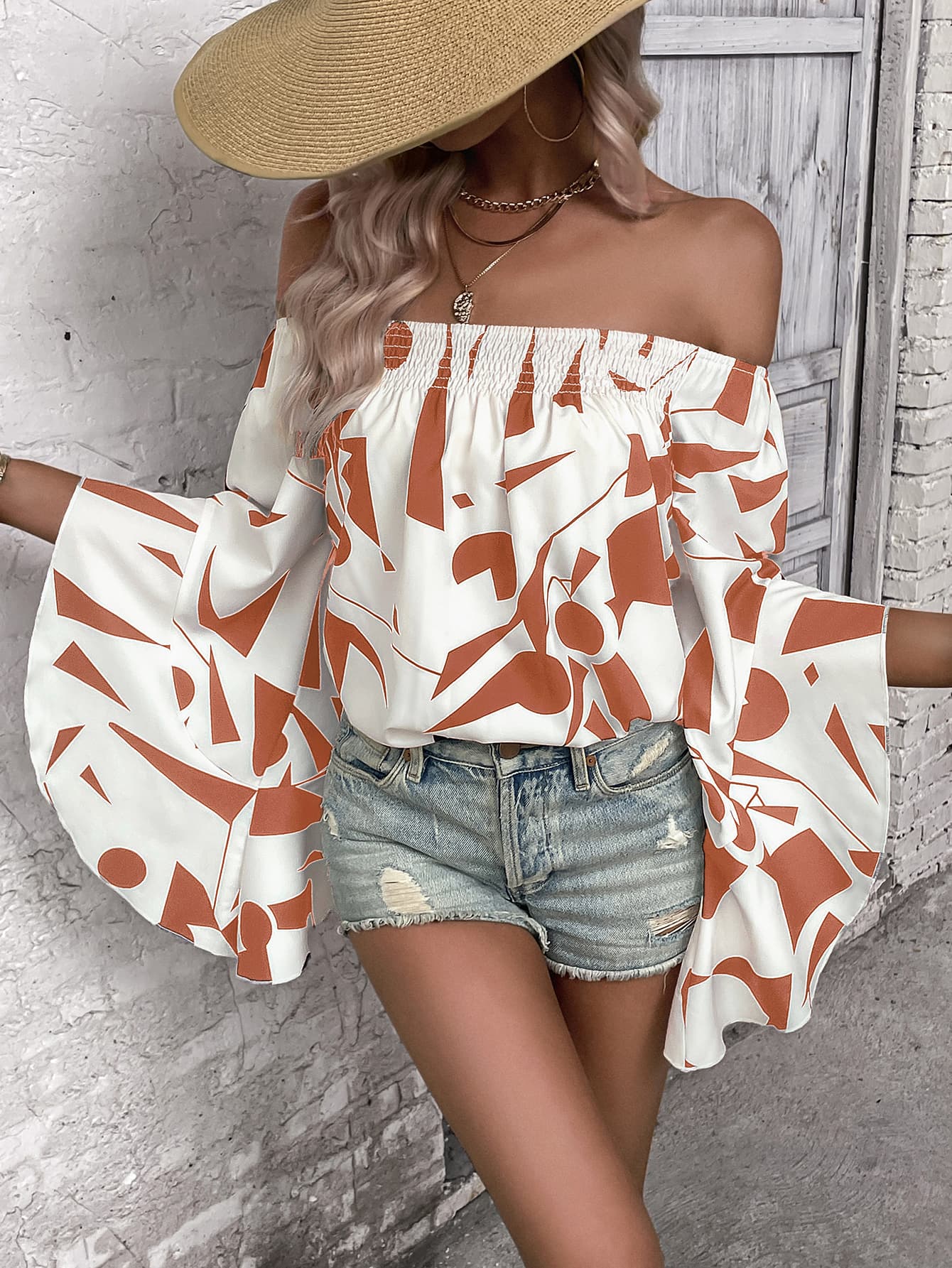 Printed Off - Shoulder Bell Sleeve Blouse - Style Chic Couture