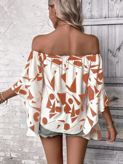 Printed Off - Shoulder Bell Sleeve Blouse - Style Chic Couture