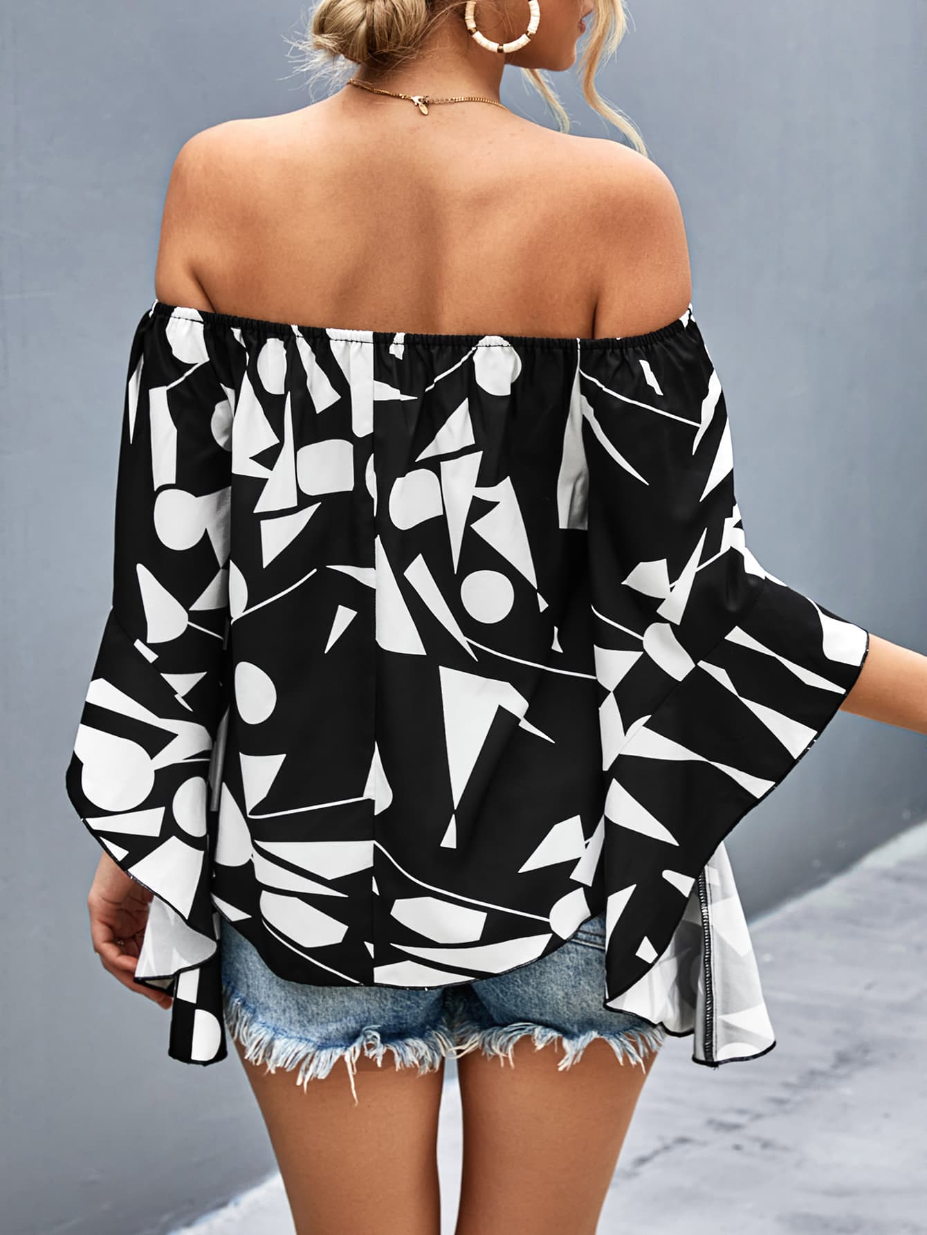 Printed Off - Shoulder Bell Sleeve Blouse - Style Chic Couture