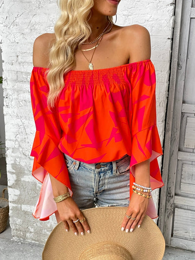 Printed Off - Shoulder Bell Sleeve Blouse - Style Chic Couture