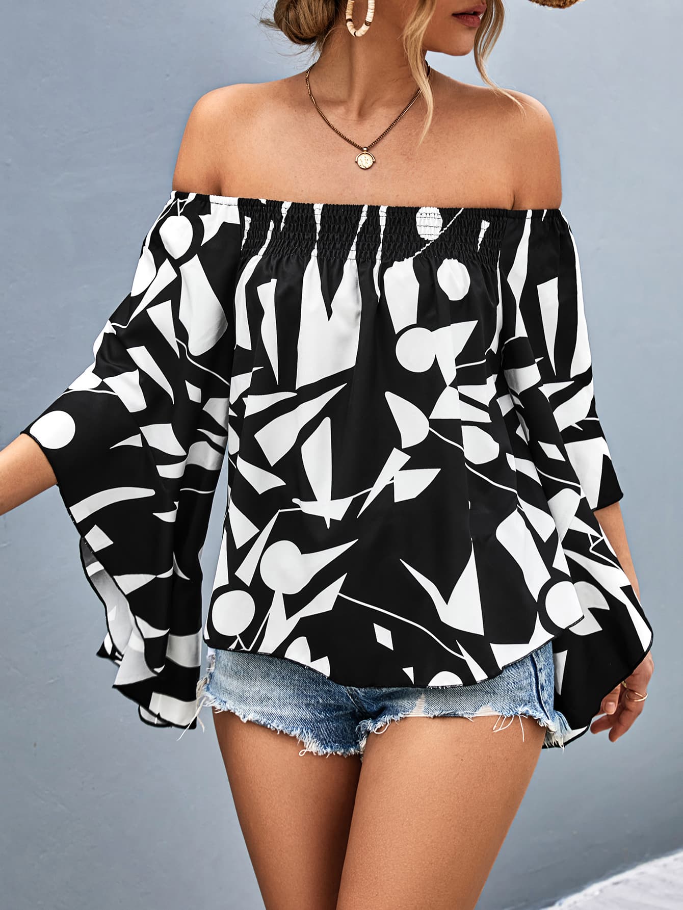 Printed Off - Shoulder Bell Sleeve Blouse - Style Chic Couture