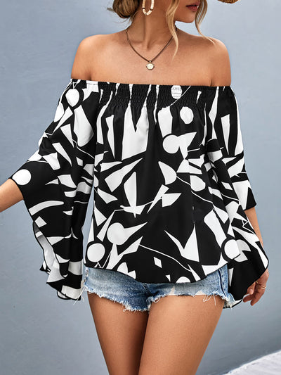 Printed Off - Shoulder Bell Sleeve Blouse - Style Chic Couture