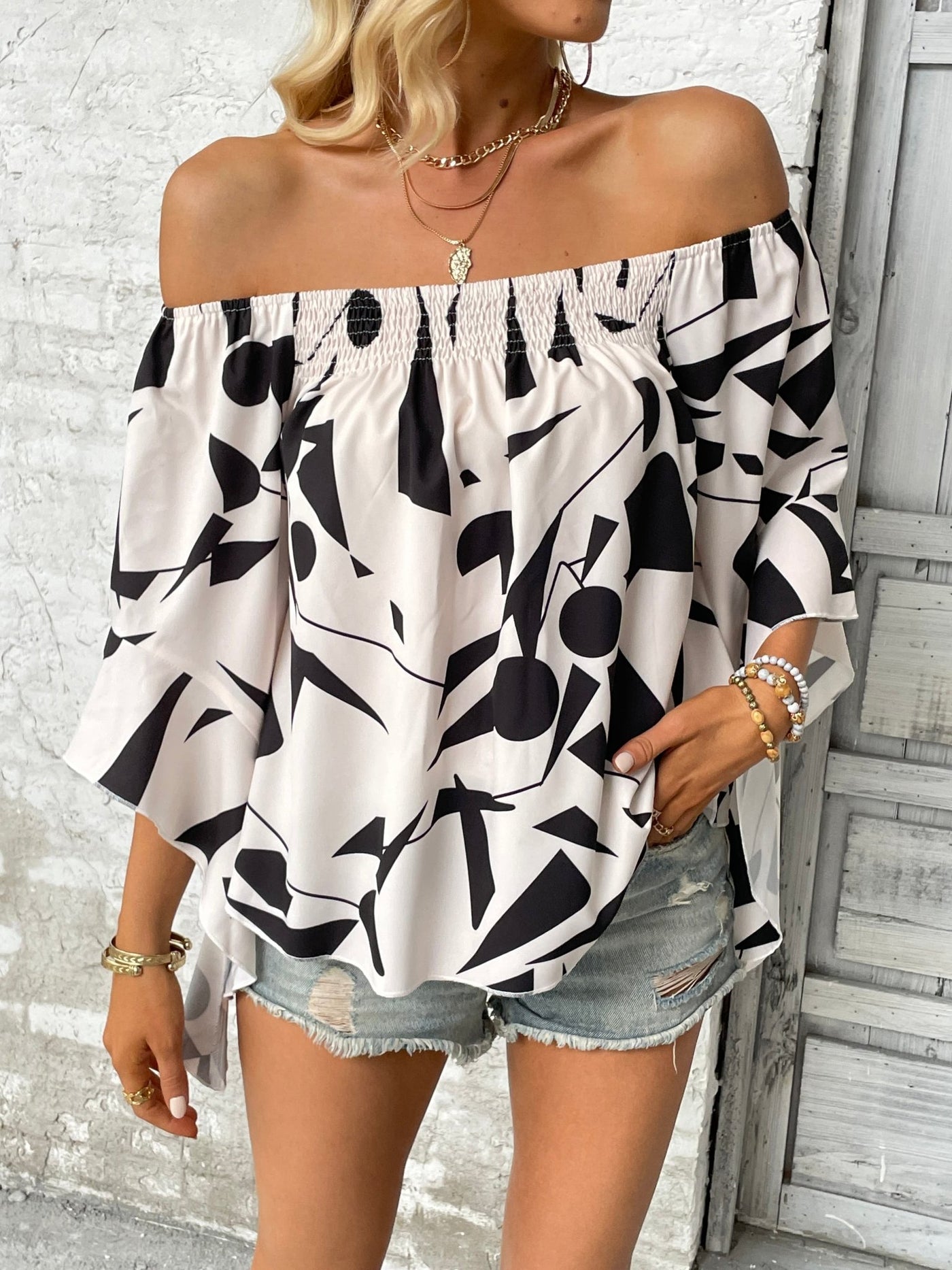 Printed Off - Shoulder Bell Sleeve Blouse - Style Chic Couture