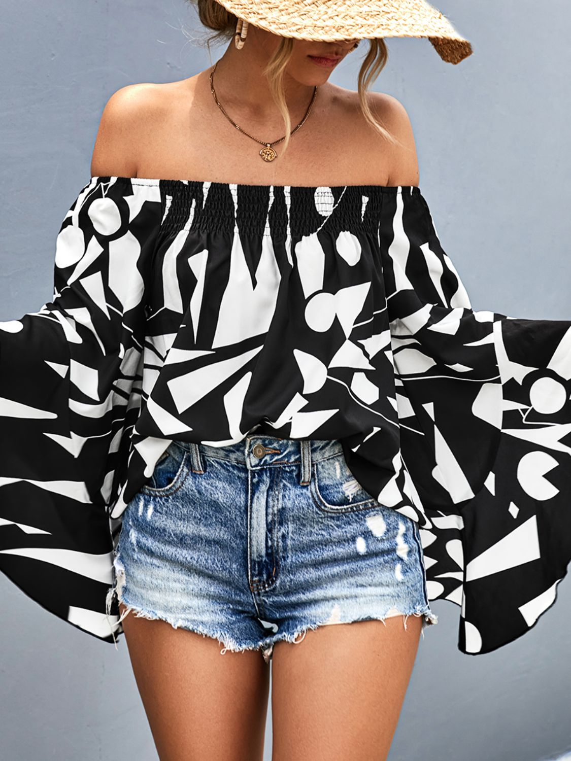 Printed Off - Shoulder Bell Sleeve Blouse - Style Chic Couture