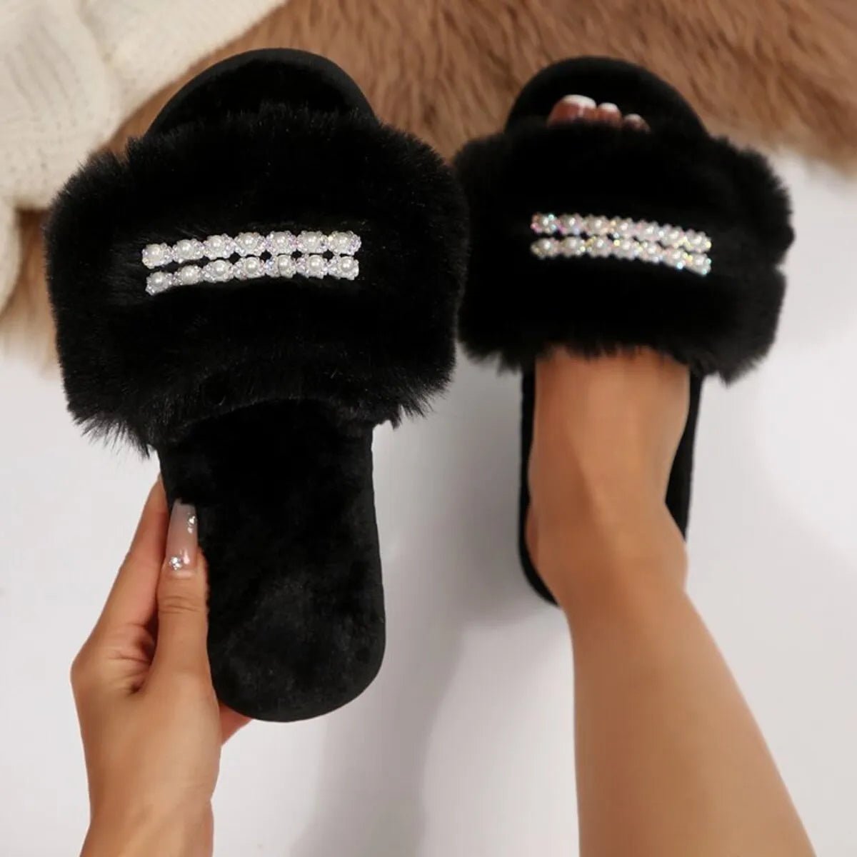 Rhinestone Open Toe Flats Slippers - Style Chic Couture