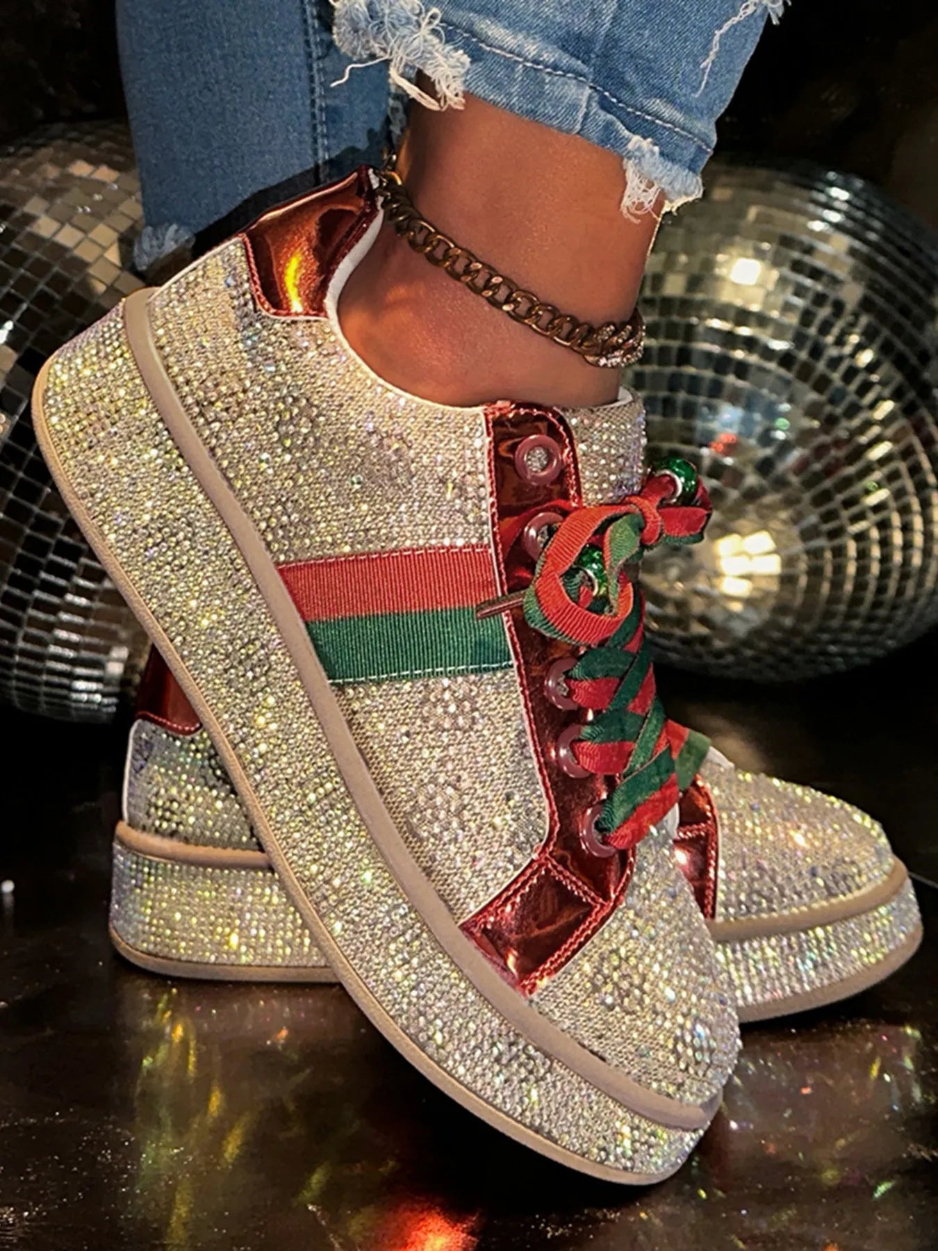 Rhinestone Round Toe Sneakers - Style Chic Couture
