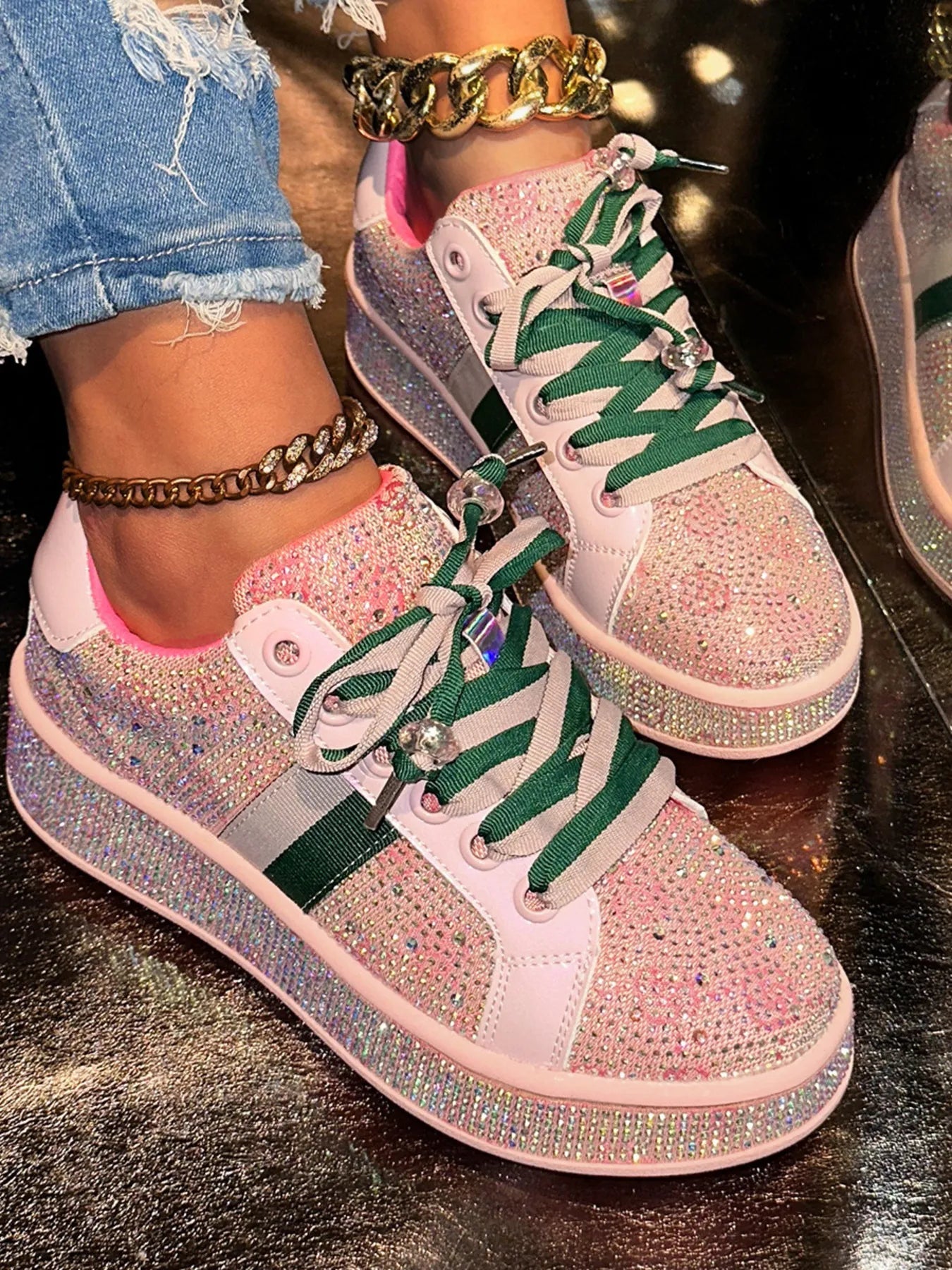 Rhinestone Round Toe Sneakers - Style Chic Couture