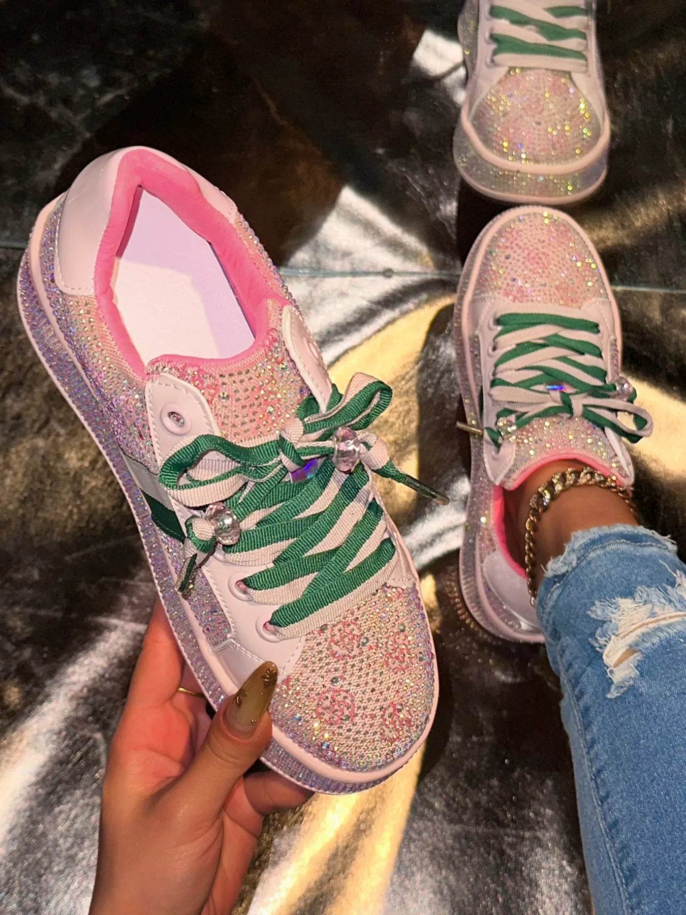 Rhinestone Round Toe Sneakers - Style Chic Couture