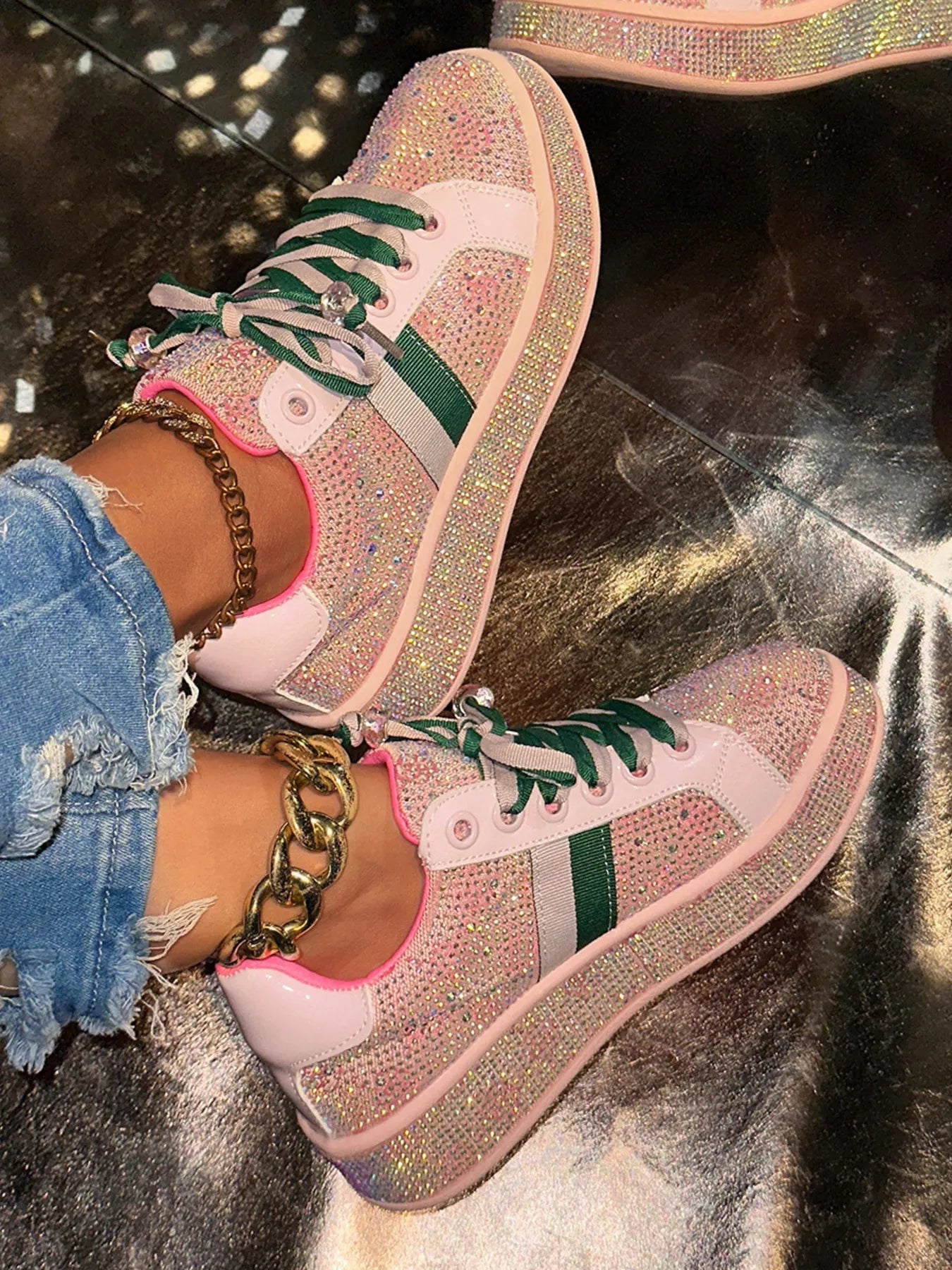 Rhinestone Round Toe Sneakers - Style Chic Couture