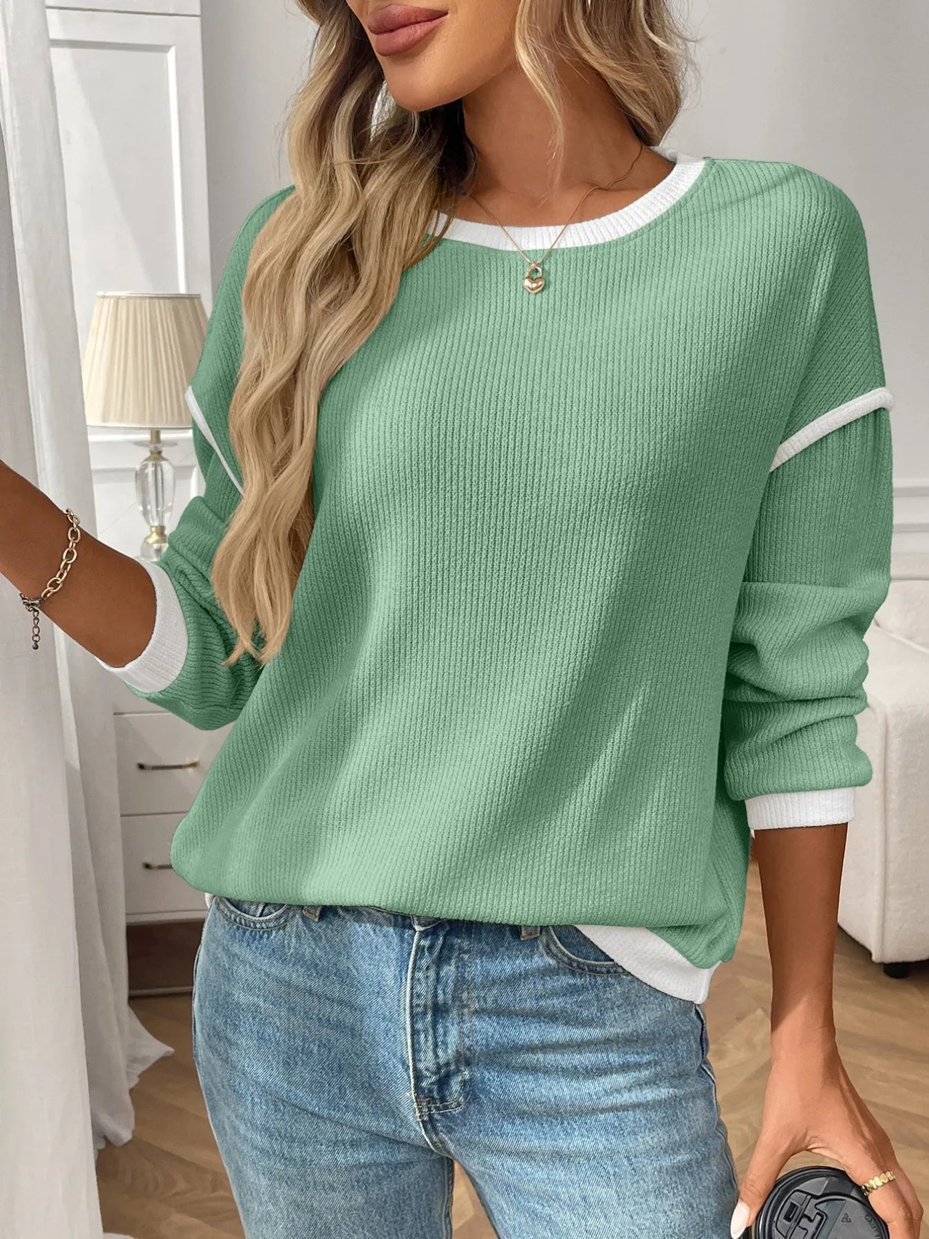 Ribbed Contrast Trim Long Sleeve Top - Style Chic Couture