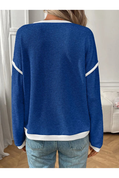 Ribbed Contrast Trim Long Sleeve Top - Style Chic Couture