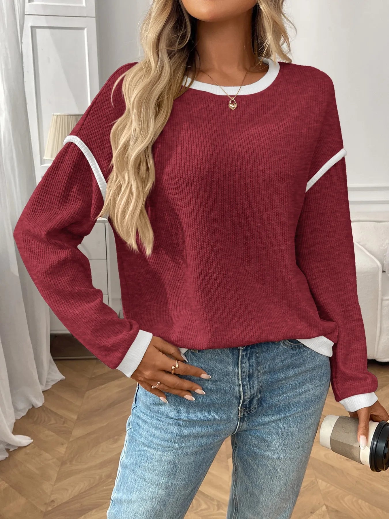 Ribbed Contrast Trim Long Sleeve Top - Style Chic Couture